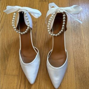 White Satin Women's Shoes with Pearl Ankle Strap